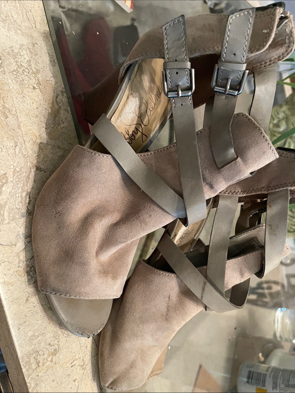 libby. edelman Taupe Suede Strappy Block Heel Sandals